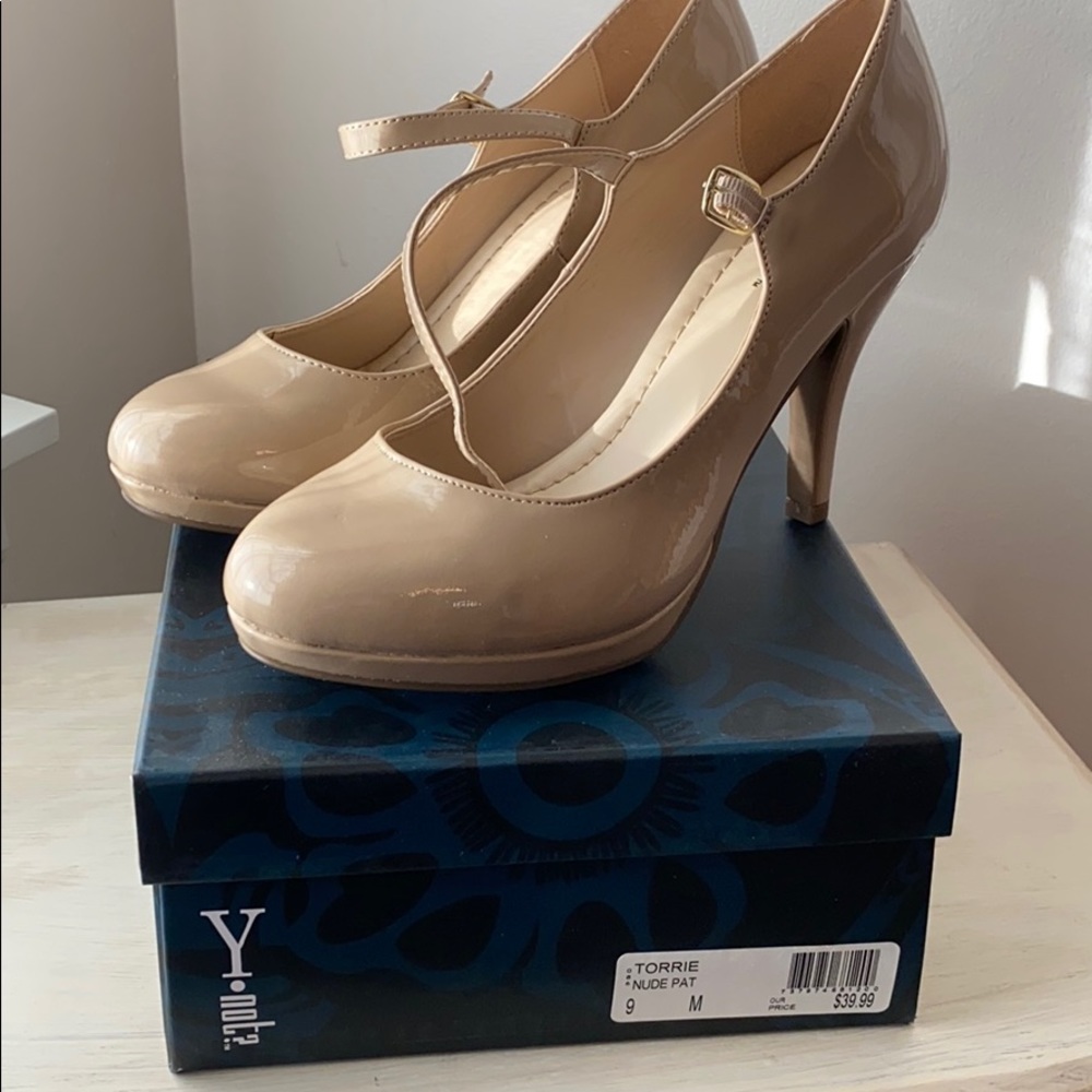 Nude patent leather heels